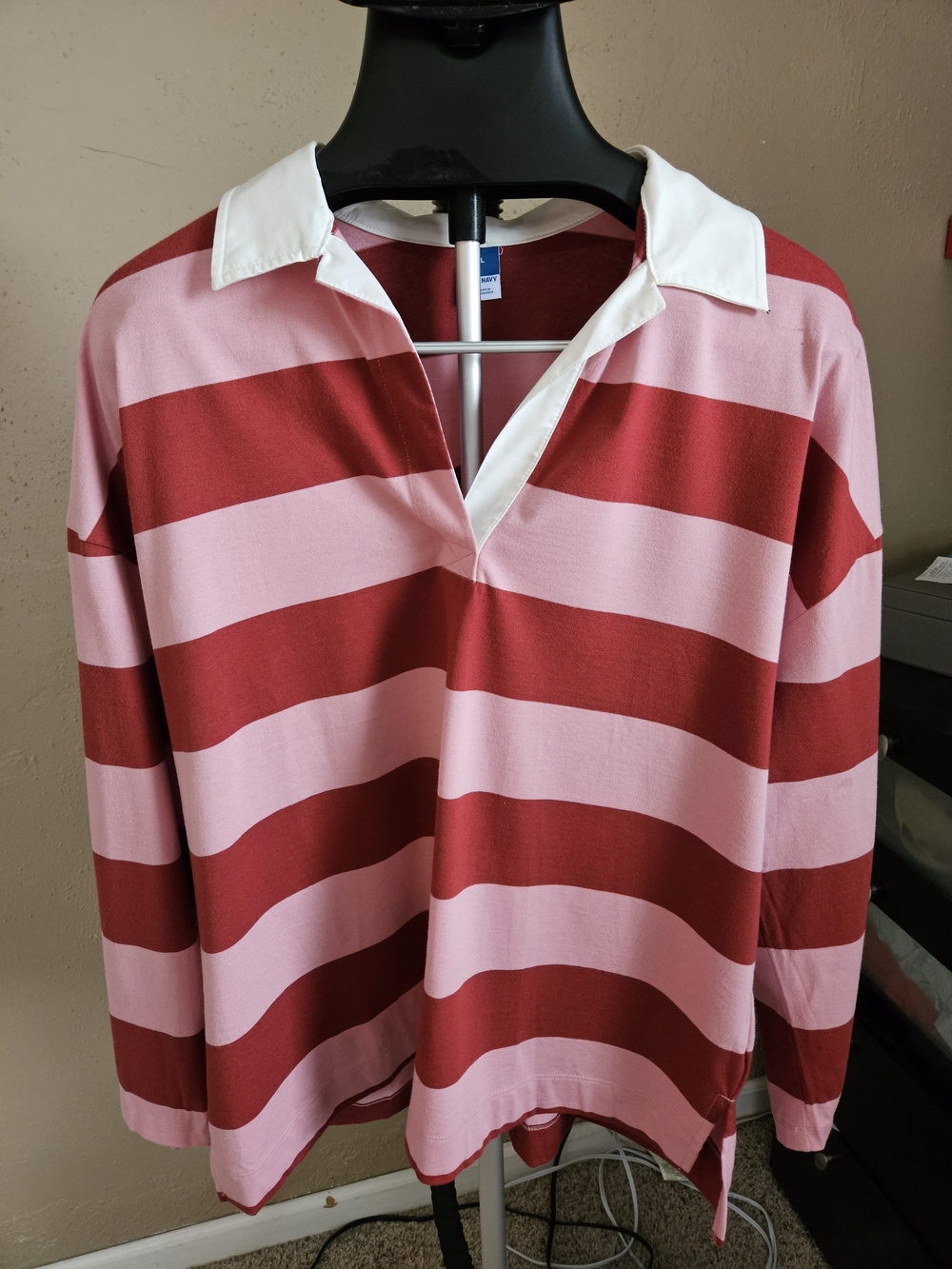 Old Navy Red and Pink Striped Rugby Shirt with White Collar